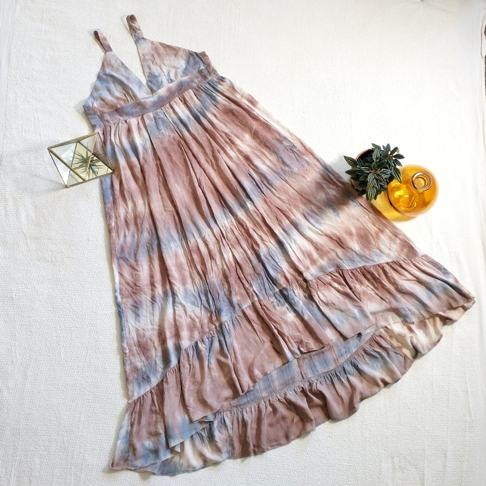 Olivaceous Brown and Blue Tie Dyed High Low Ruffle Hem Maxi Dress in Size Large